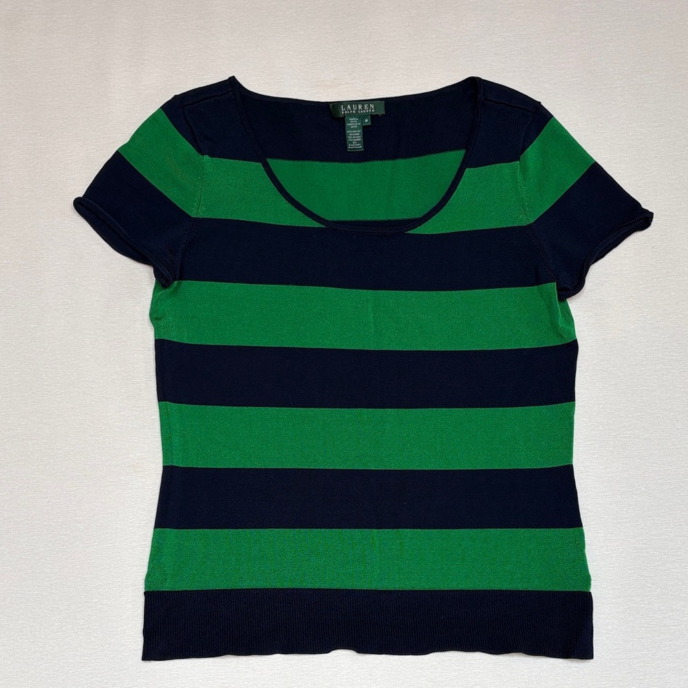 LAUREN Ralph Lauren Striped Woven Top with High Sheen - Malachite Green
